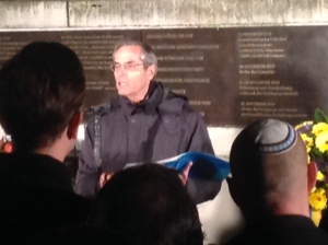 Me speaking on Kristallnacht , November 9, 2014 at the site in Leipzig where the great synagogue stood before it was burned to the ground by the Nazis on November 9, 1938